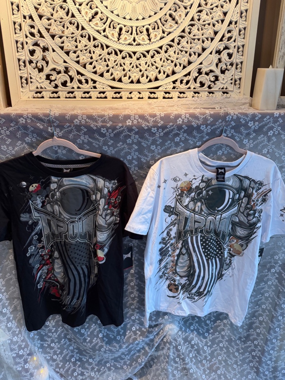 2 Tapout Mens Graphic Tee in Black and White Astronaut Flag Artwork